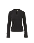 Veronica Beard Black long-sleeve top with keyhole neckline and gold button.
