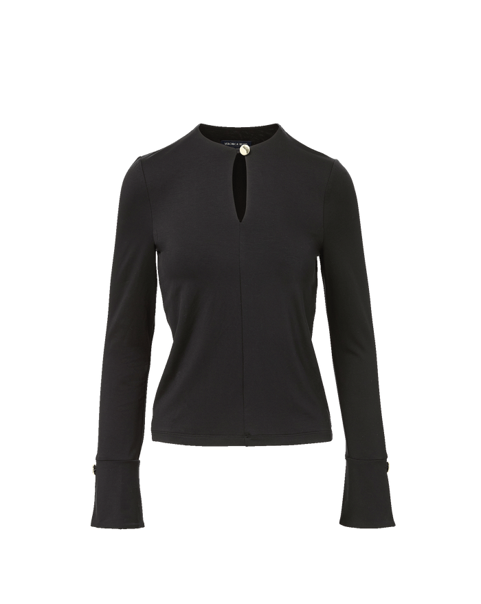 Veronica Beard Black long-sleeve top with keyhole neckline and gold button.